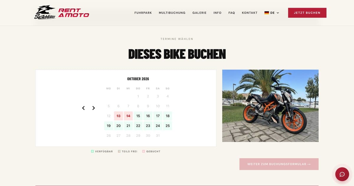 Rent a Moto Zadar: Buchungskalender mit freien und belegten Tagen
