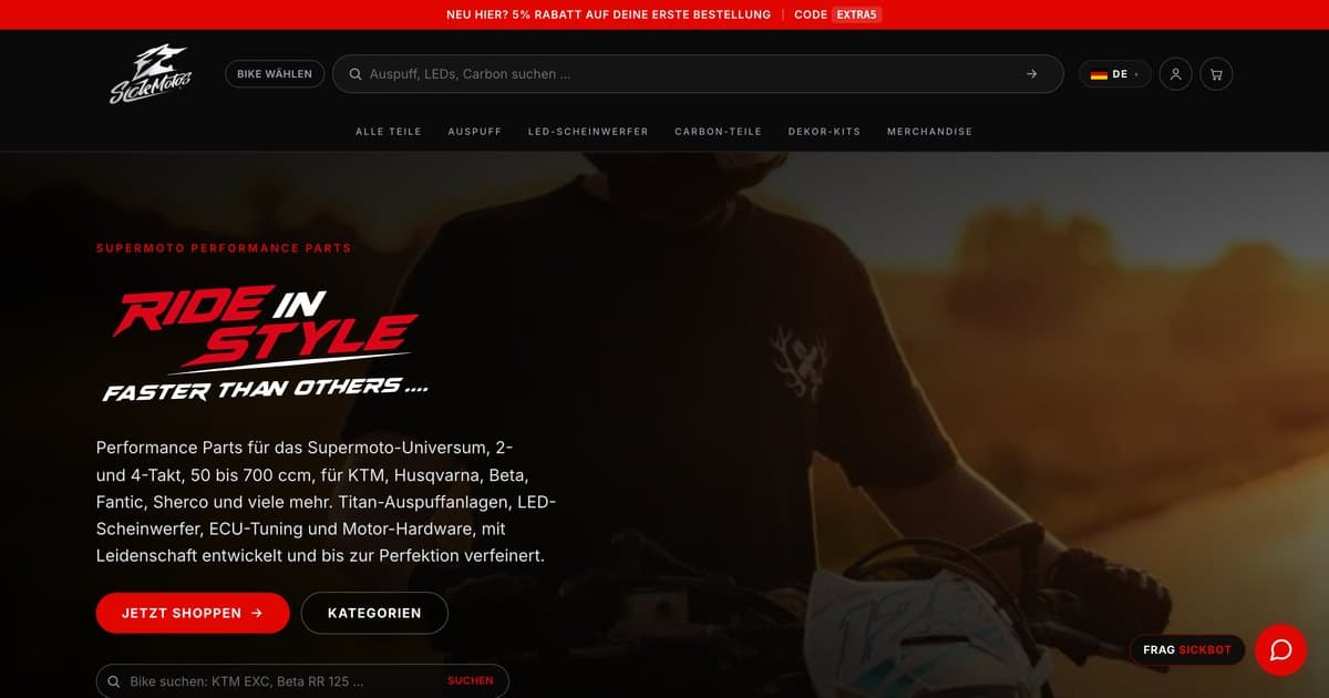 SickMotos: Startseite des Online-Shops für Supermoto-Teile